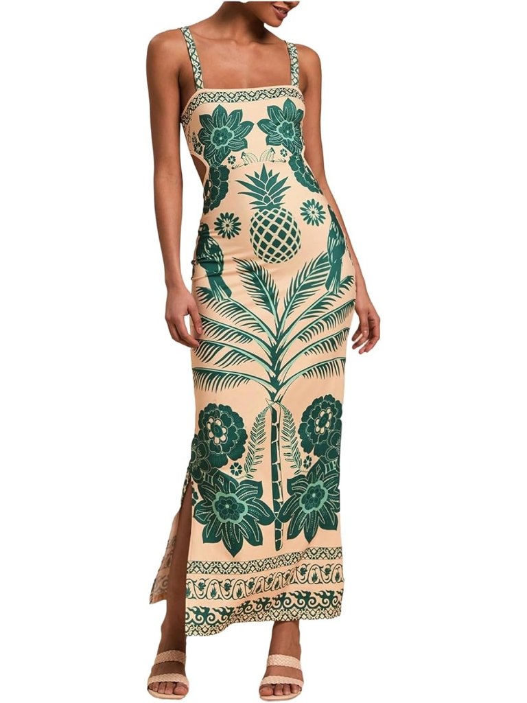 Women's Green Tropical Maxi Bow Tie Back Long Sleeveless Split Vacation Dress